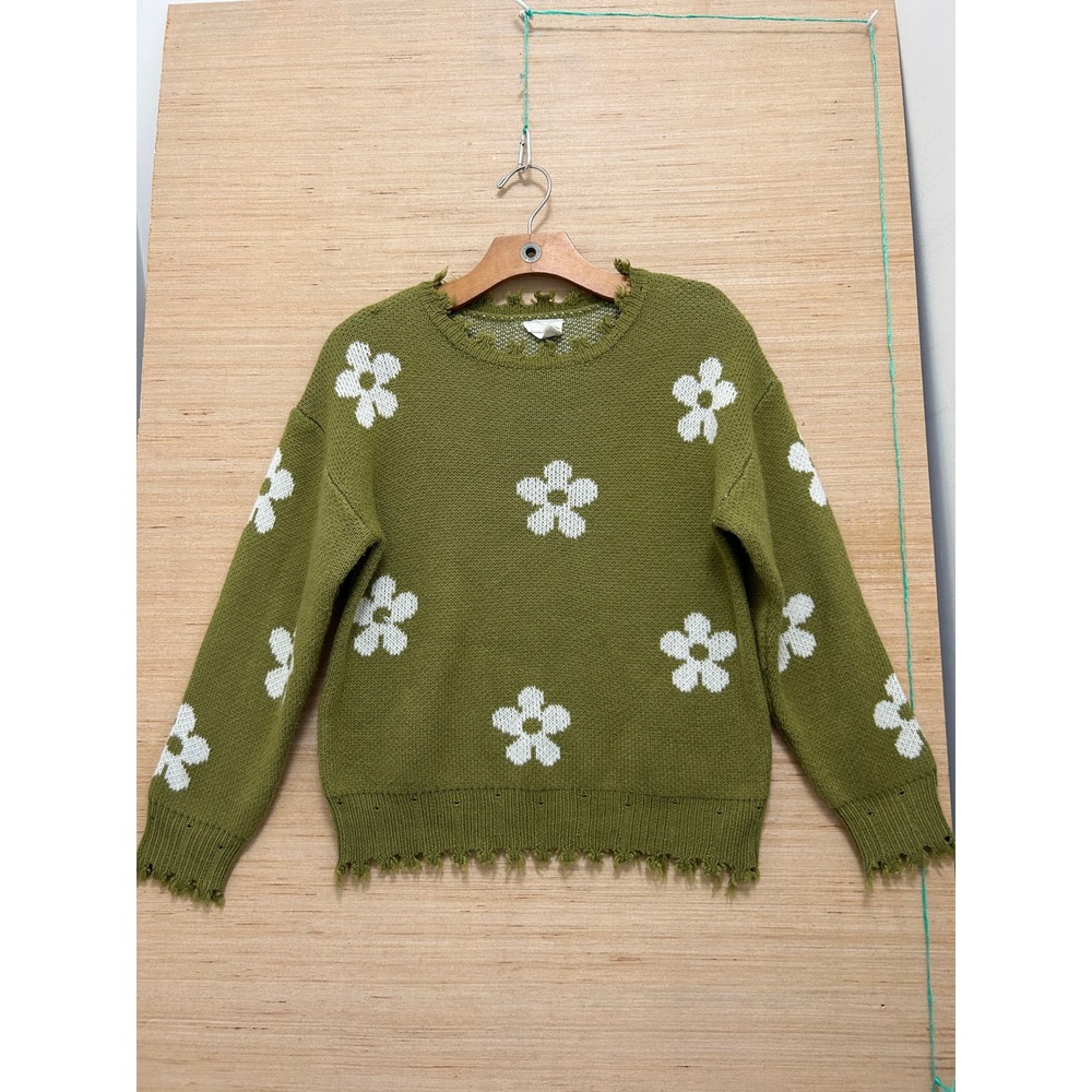 Hayden Girls Olive Green Daisy Floral Distressed Knit‎ Sweater Large 12/14
